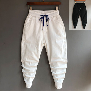 子男九分休闲裤 白色裤 纯色束脚哈伦裤 修身 2021夏季 潮流小脚裤 新款