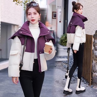 2024冬季新款羽绒棉服女短款小个子加厚洋气韩版宽松拼色外套潮
