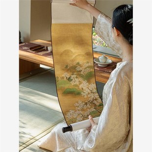 新中式宋代美学挂画客厅背景墙竖版长条卷轴壁画中古风墙面装饰画