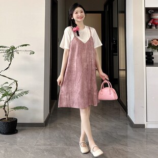 孕妇连衣裙夏季新款时尚孕期衣服大F码宽松拼接假两件中长款裙子