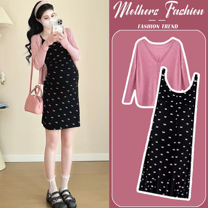 孕妇连衣裙套装春秋2025新款粉色针G织开衫小个子时尚吊带裙两件