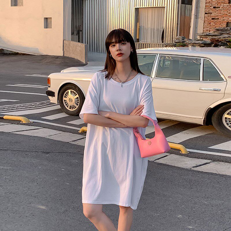 大领口t恤女大码过膝中长款宽松显瘦夏季新款百搭纯棉打底短袖女