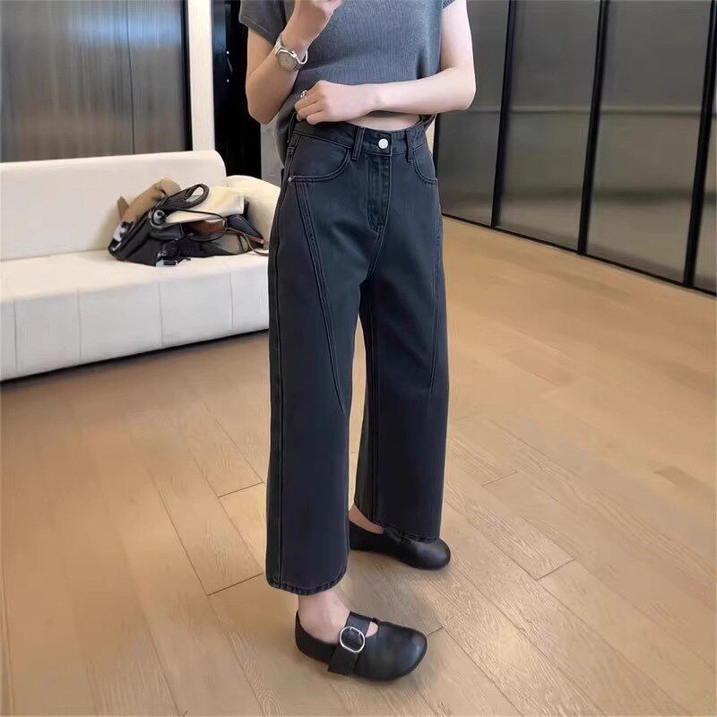 大码高腰窄版九分直筒牛仔裤女春夏胖妹妹宽松显瘦梨型身材阔腿裤