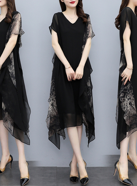 2021新款黑色V领气质长款长裙韩版时尚宽松显瘦大码雪纺连衣裙女