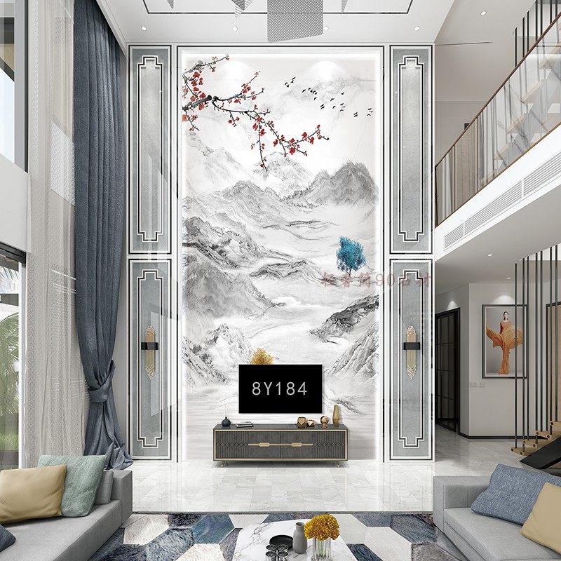 别墅复式楼挑空客厅电视背景墙楼中楼玄关岩板瓷砖仿大理石大气风,家装主材,瓷砖背景墙,淘宝优惠券,粉丝福利购,淘宝优惠卷