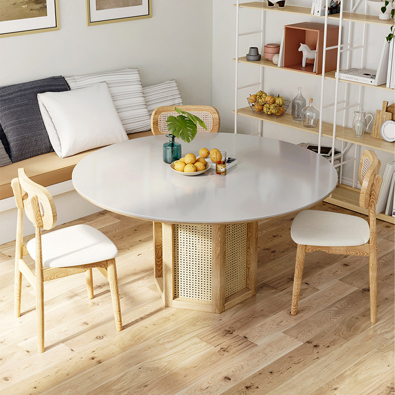 圆餐桌侘寂风编藤实木餐桌纯白色岩板台面北欧现代简约餐桌椅组合,住宅家具,岩板餐桌,淘宝优惠券,粉丝福利购,淘宝优惠卷