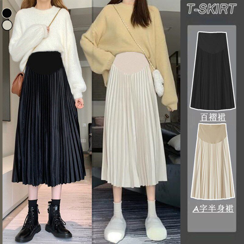 孕妇半身裙女秋冬中长款黑色下身装冬季丝绒aQ字百褶长裙子春秋款