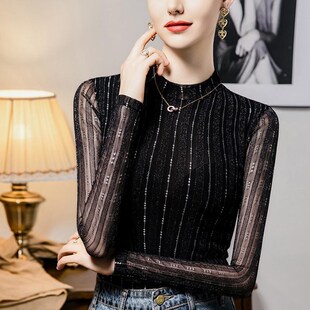 2024年新款亮丝网纱打底衫女长袖纱体t恤修身蕾丝上衣高级感秋装