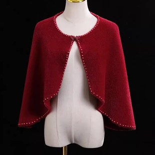 钉珠中国风新娘结婚礼服外搭配旗袍的毛披肩婚纱斗篷秋冬季纯色红