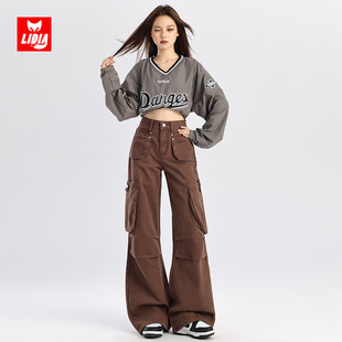 美式复古棕色阔腿工装裤高腰牛仔裤女秋冬新款宽松垂感直筒长裤子