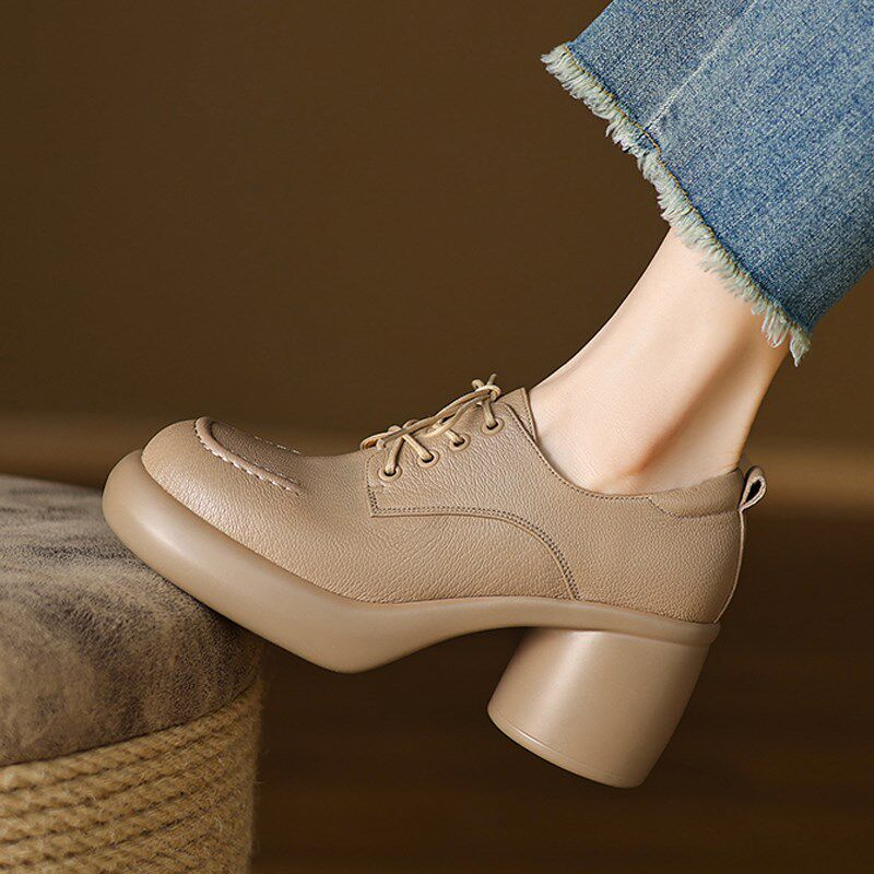 7cm裸色高跟鞋女粗跟圆头单鞋A春秋季新款真皮系带皮鞋通勤工作鞋