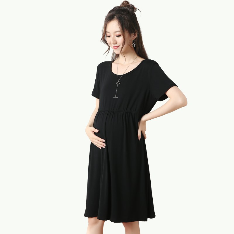 孕妇职业工作服2024韩版新款潮妈夏G季时尚短袖上衣纯棉黑色连衣