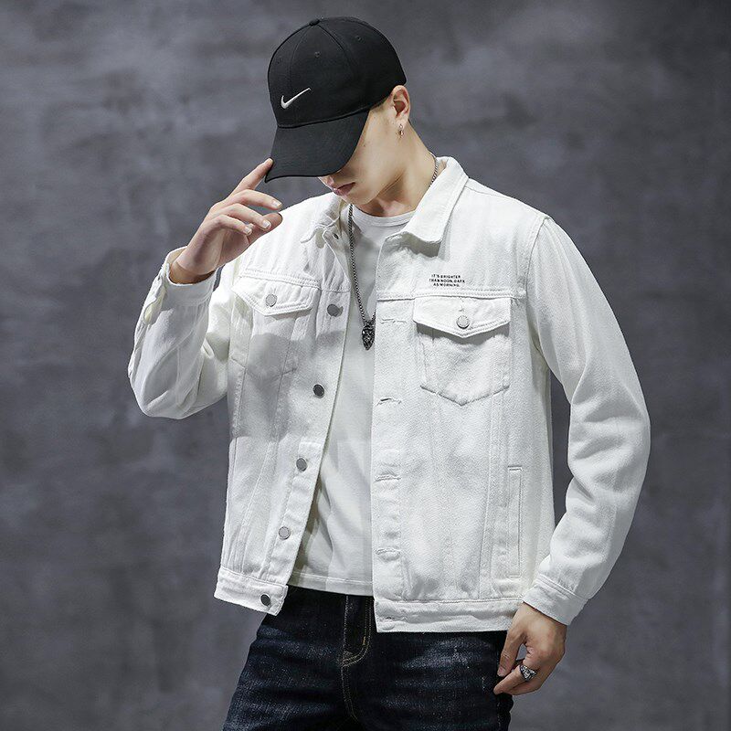 潮牌白色牛仔外套男士2021年春季新款宽松帅气工装夹克印花牛仔衣
