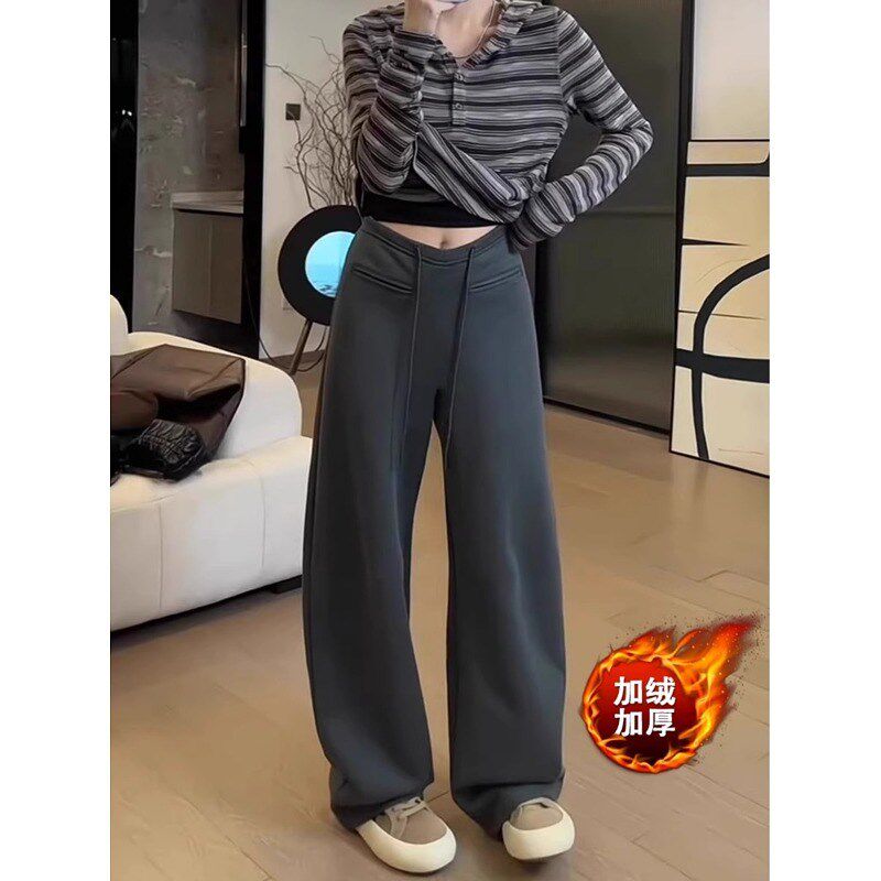 大码胖mm加绒抽绳弯刀阔腿卫裤女秋冬梨型身材裤子高腰显瘦休闲裤