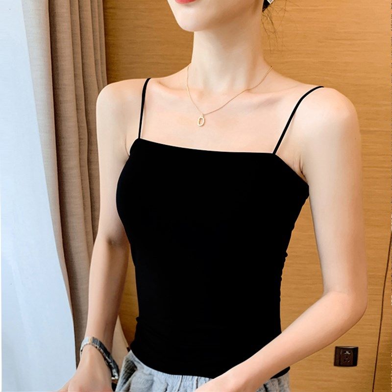 法式黑色小吊带背心女夏一字肩内搭打底带胸垫外穿别致美背上衣短
