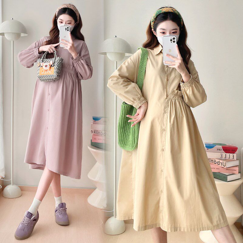 孕妇装春装设计感长o袖翻领衬衫连衣裙宽松大码休闲裙子春季孕妇