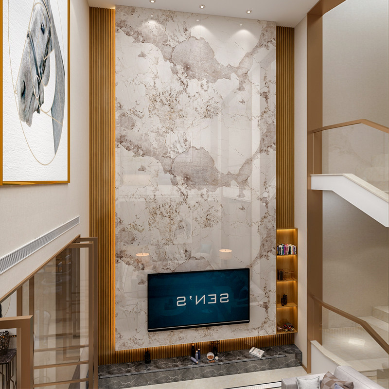 轻奢款客厅复式岩板背景墙悬空内嵌电视墙瓷砖挑高中空影视墙石纹,家装主材,瓷砖背景墙,淘宝优惠券,粉丝福利购,淘宝优惠卷
