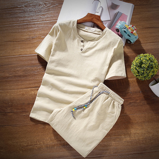 男士睡衣睡裤夏季亚麻短袖薄款男夏天休闲棉麻宽松青年家居服套装