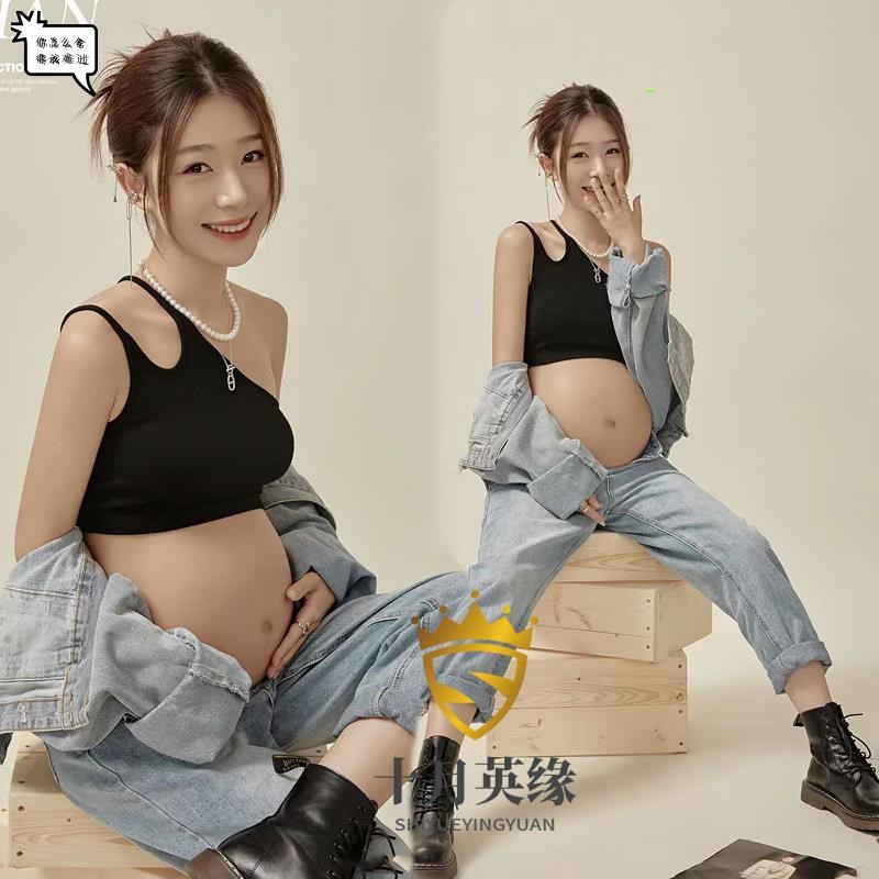 影楼摄影工作室新款孕妇拍照服装时尚个性M牛仔大肚孕妈写真艺术