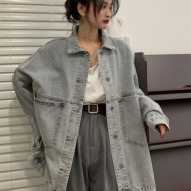 经典款BF风牛仔外套女春秋大码胖mm港味复古开衫夹克韩版宽松上衣