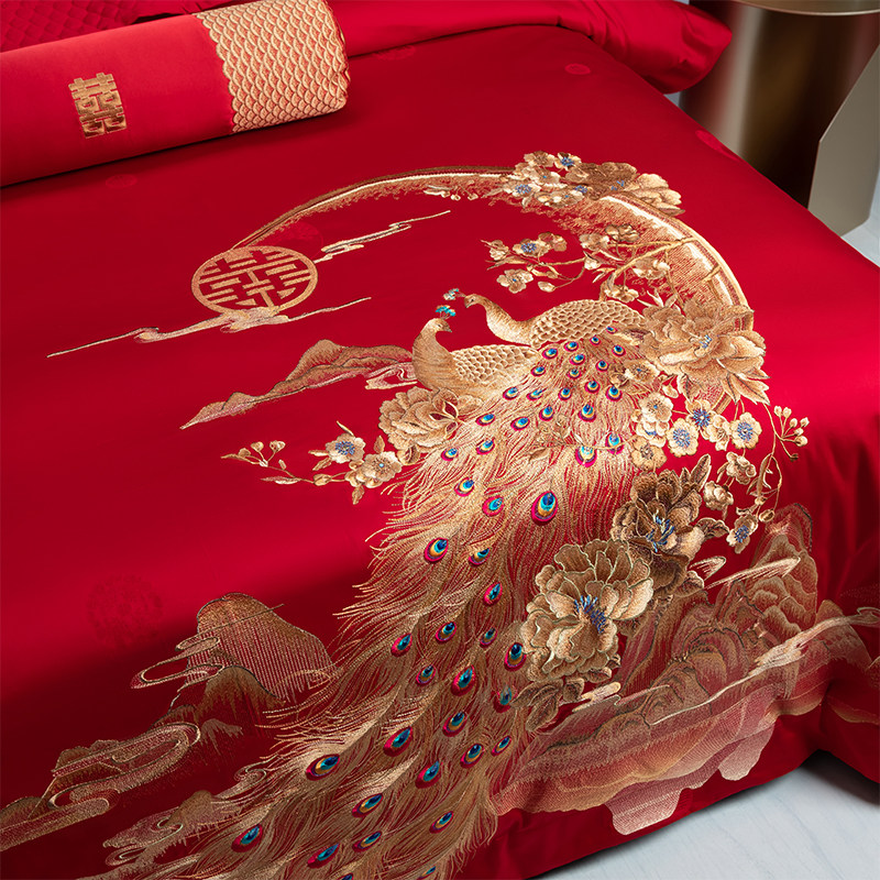 新中式婚庆牀上用品四件套大红色牀单刺绣喜R庆被套结婚十件套,床上用品,婚庆床品套件,淘宝优惠券,粉丝福利购,淘宝优惠卷