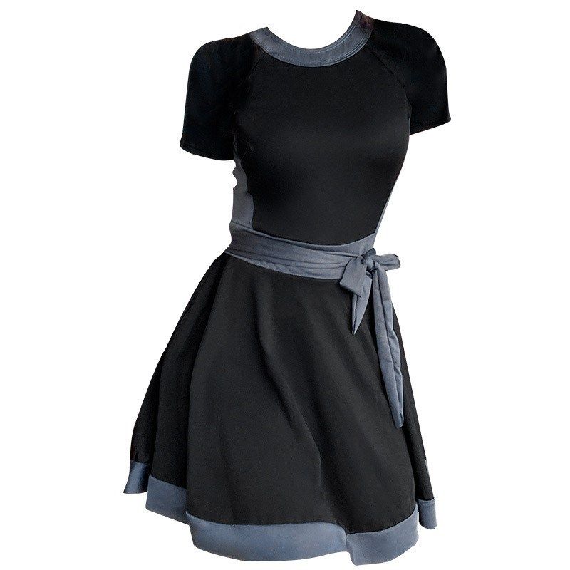 黑色连体泳衣女小个子泡温泉显瘦遮肚保守小N胸聚拢平角裙式游泳