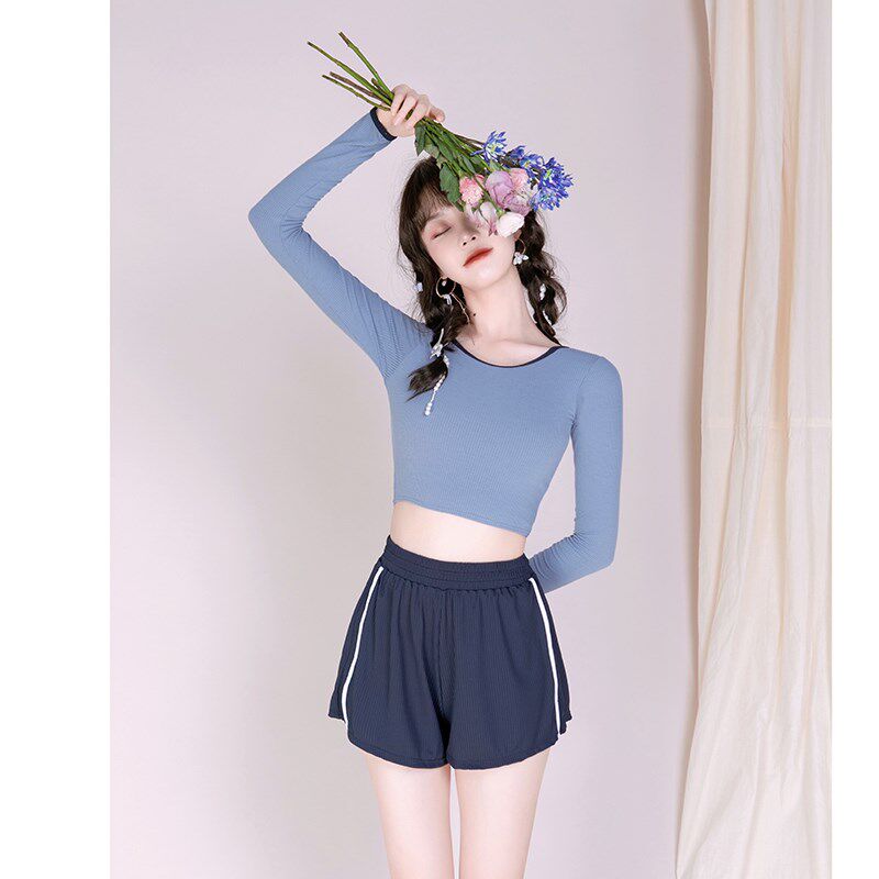 青少年泳衣女款学生夏游泳馆少女分体式保守长V袖平角裤小个子