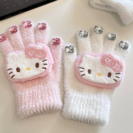 HelloKitty猫趣味钻石毛线手套保暖冬防冻女防寒学生骑行车仿兔绒