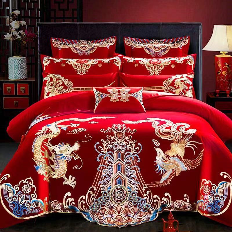婚庆四件套大g红全棉刺绣结婚龙凤喜庆中式套件新婚房床上用品,床上用品,婚庆床品套件,淘宝优惠券,粉丝福利购,淘宝优惠卷