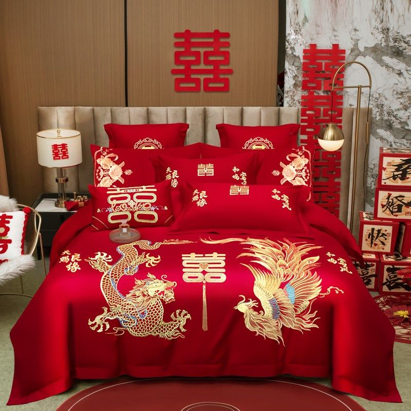 100支婚庆g四件套大红新结婚房嫁礼全棉床上用品刺绣龙凤喜被4,床上用品,婚庆床品套件,淘宝优惠券,粉丝福利购,淘宝优惠卷