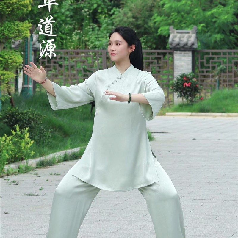 (女)重磅超薄醋酸暗纹压花斜襟七分喇叭袖O太极练功服武术表演服