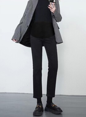 孕妇裤春秋外穿牛仔长裤大v码九分直筒裤春季新款小个子烟管八分