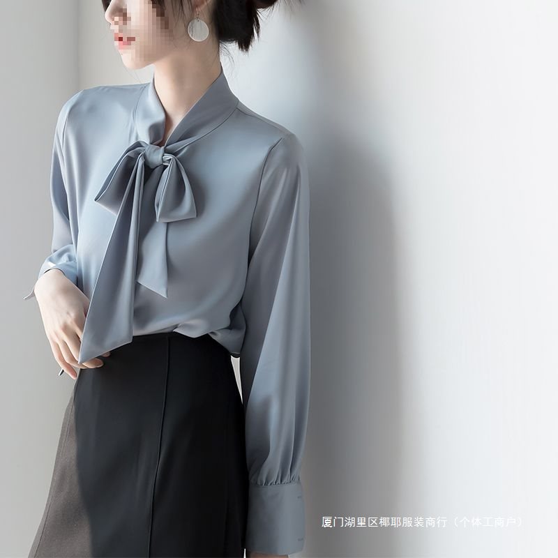 缎面蝴蝶结衬衫2025秋季新款长袖职场女装外穿飘带系带女衬衣