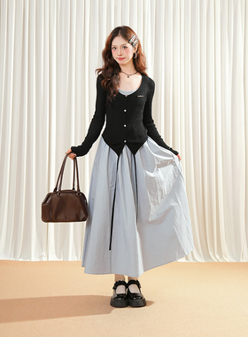 韩系清冷松弛感不规则黑色绑带开衫优雅高级感a字连衣裙两件套秋