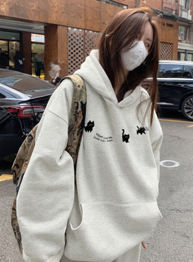 AE白灰色卡通猫咪连帽卫衣女新款秋冬帽衫韩系极简穿搭上衣外套