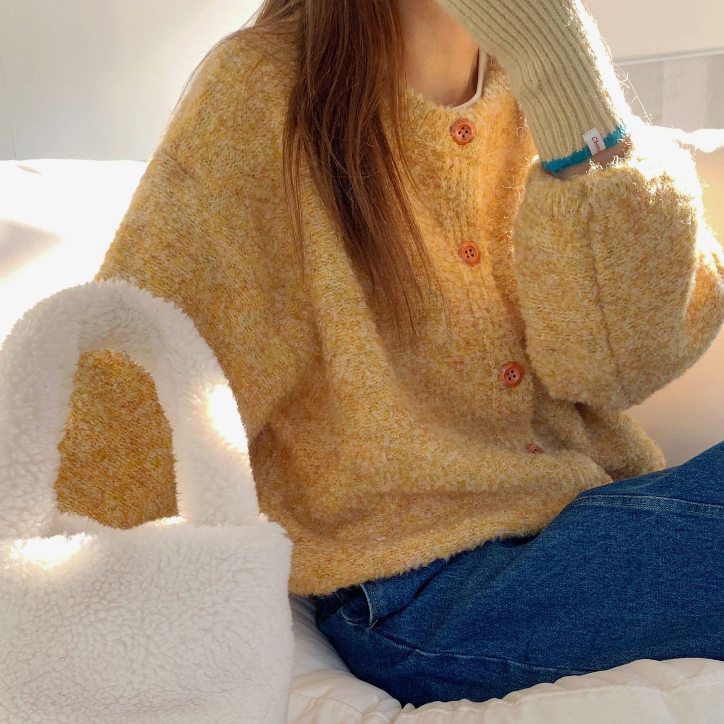 AE开秋慵懒风宽松黄色毛衣外套女秋冬新款秋季开衫针织上衣女