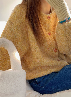 AE开秋慵懒风宽松黄色毛衣外套女秋冬新款秋季开衫针织上衣女