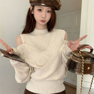 AE半高领露肩毛衣打底衫女秋冬季洋气减龄修身风衣内搭韩版挖肩上