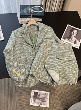 AE【现货】秋季裙裤小香风套装女休闲高级感绿色西装外套