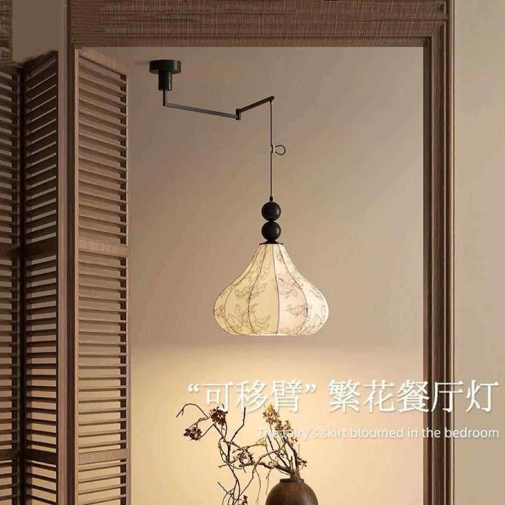 新款可移位繁花布艺中古餐厅吊灯宋式美学饭厅餐桌专用摇臂灯