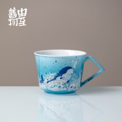 由至善物手绘鲸落寻汐马克杯陶瓷几何把手杯家用高颜值咖啡杯水杯