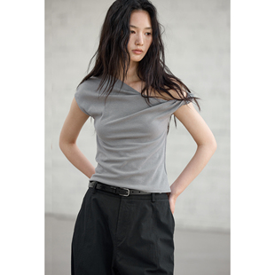 极简力亚麻棉不对称斜肩扭结短袖 上衣 t恤女夏2025新款 设计感修身