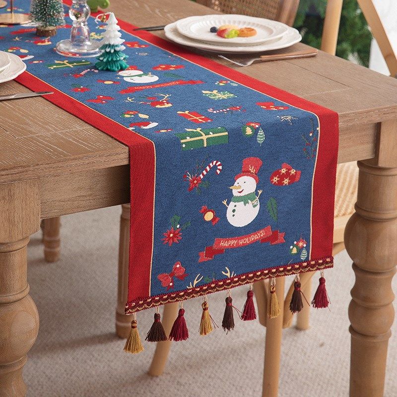新款圣诞色织提花桌旗美式复古风圣诞餐厅氛围感装饰流苏茶几盖巾
