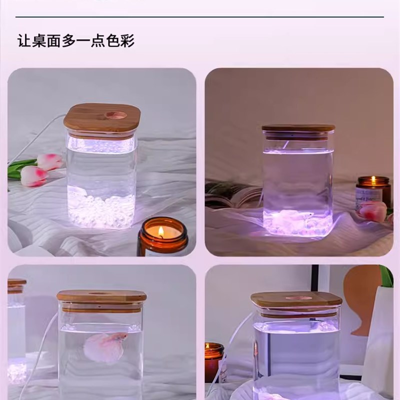 小型玻璃桌面微景观斗鱼缸客厅办公室迷你水族箱带灯圆柱瓶金鱼缸