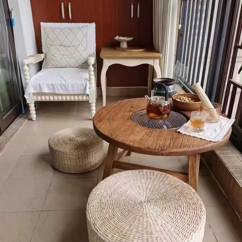 老榆木煮茶小圆桌禅意煮茶桌茶几家用茶台实木阳台桌原木围炉餐桌