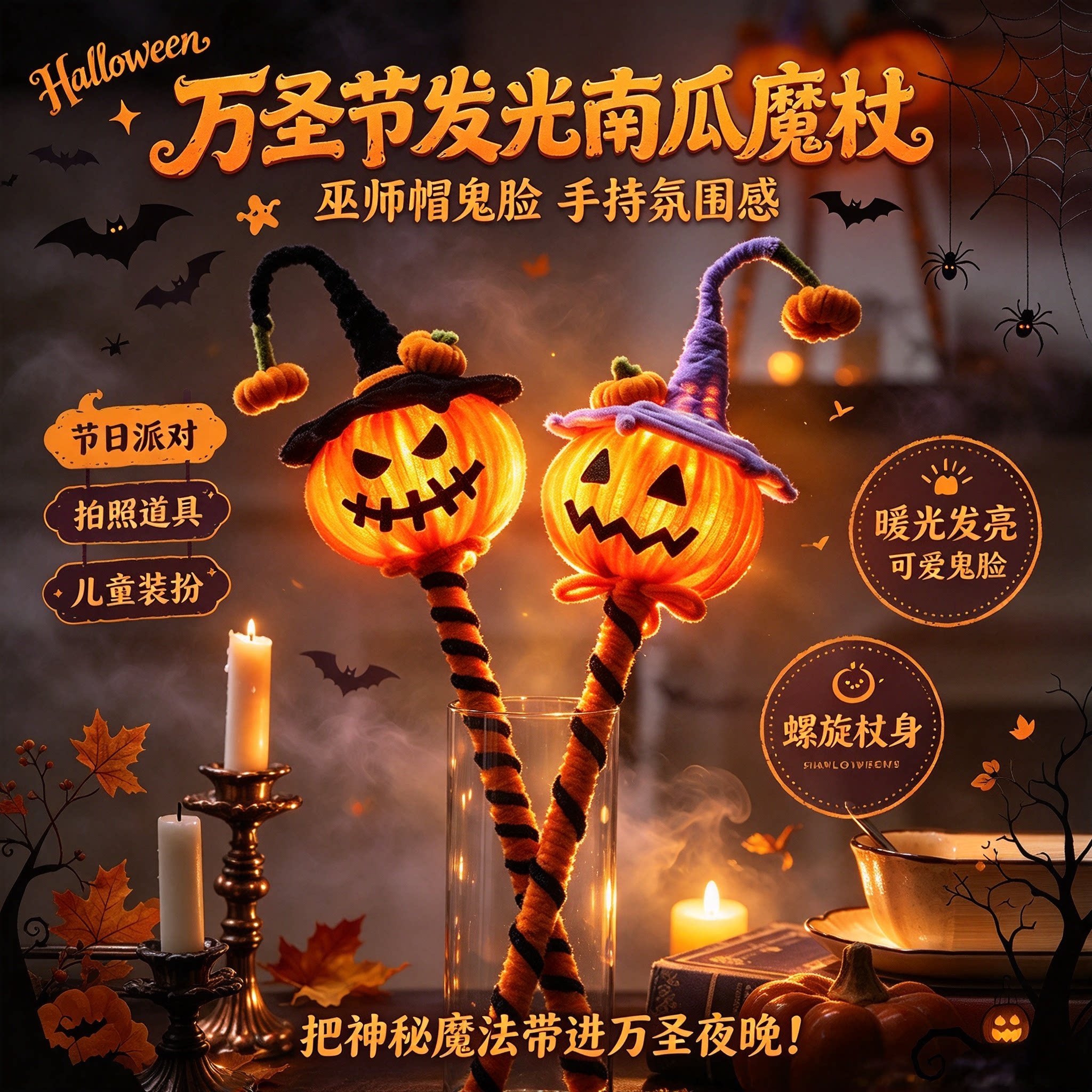 万圣节发光南瓜灯儿童手持魔法棒氛围感拍照道具装饰用品幽灵魔杖