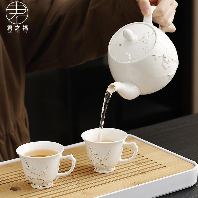 羊脂玉瓷描金梅花泡茶壶陶瓷手把美人壶家用大号过滤白瓷茶具单壶图片