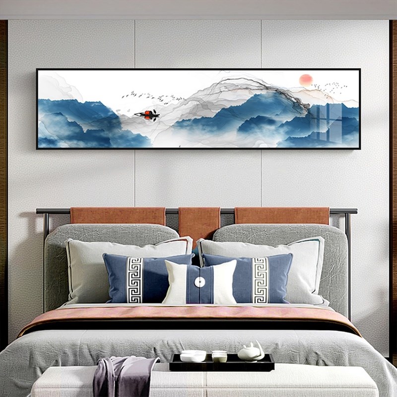 新中式工笔花鸟床头画中国风荷花禅意横幅装饰画客厅沙发晶瓷挂画图片
