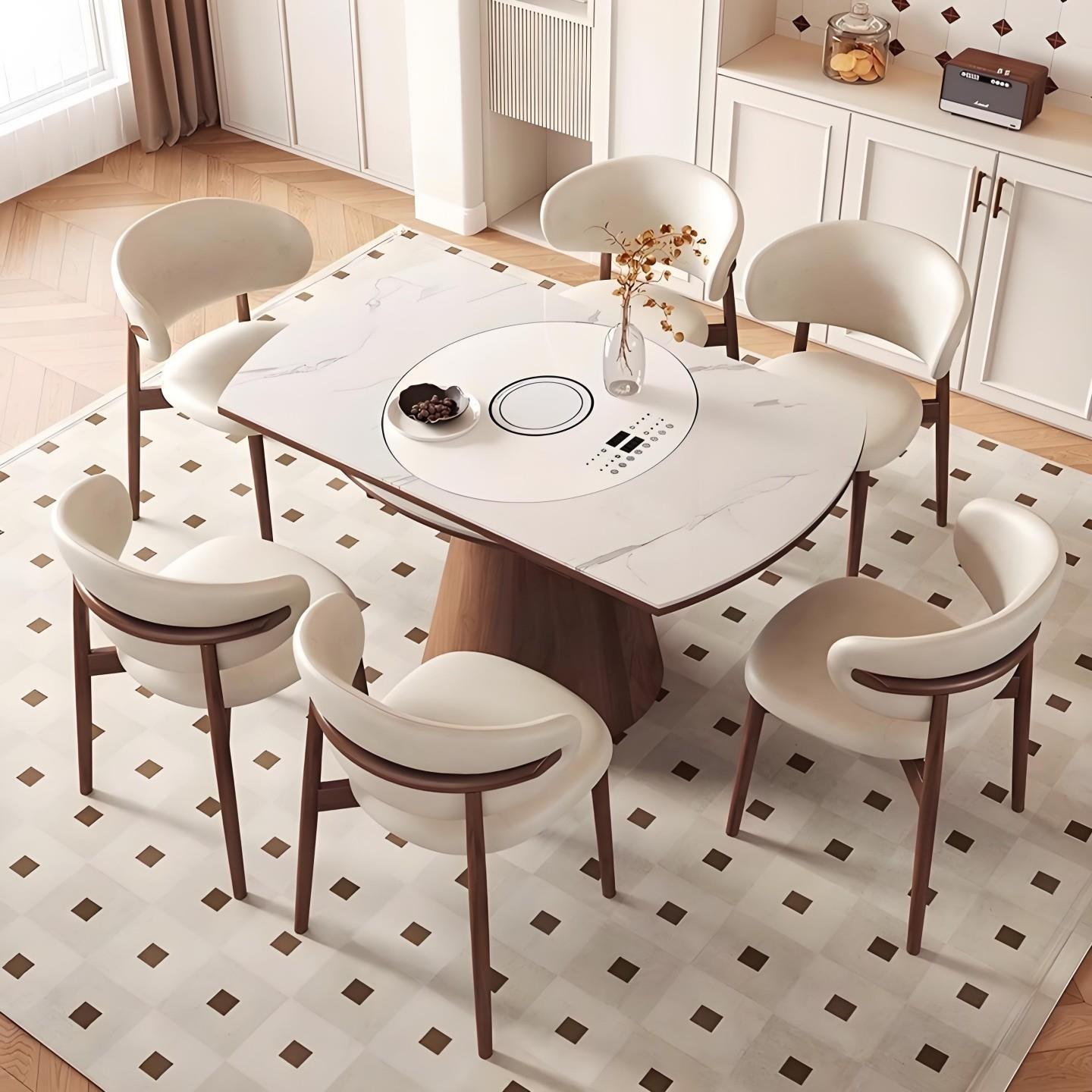 实木岩板餐桌可折叠带热菜板电动转盘电磁炉跳台可变圆桌火锅饭桌