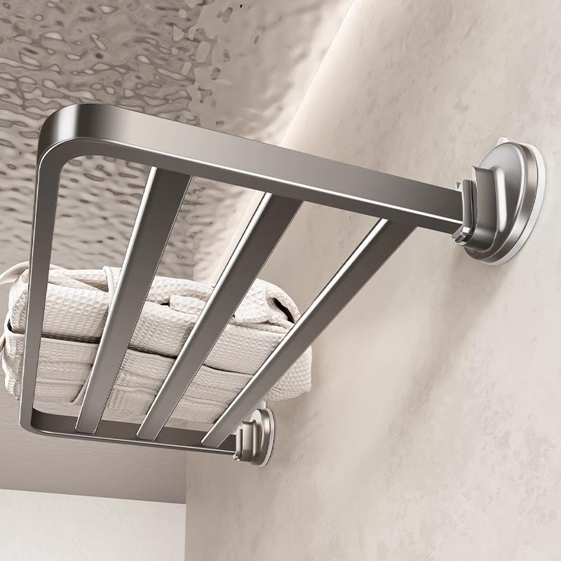 吸盘毛巾架卫生间浴巾架浴室置物架一体免打孔厕所可折叠壁挂架子
